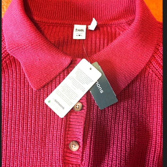 Red burgundy rib knit polo collar chunky sweater NWT - Picture 5 of 8